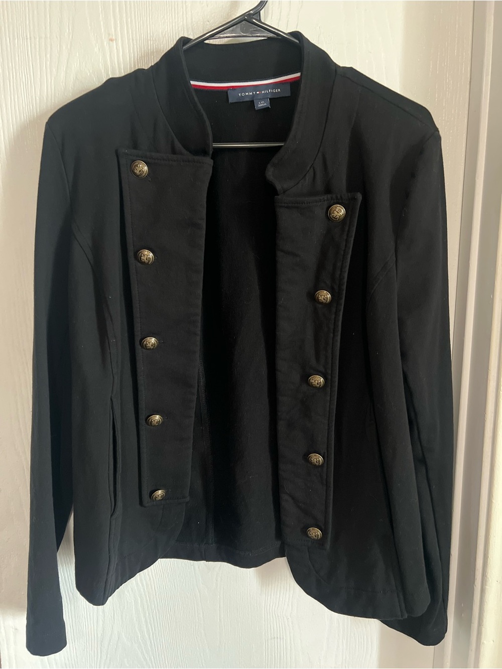 Tommy Hilfiger Women Black Military Knit Blazer Gold Button Jacket Size  Large